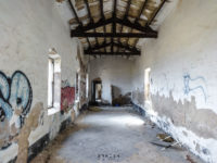 Abandoned military canteen with graffiti